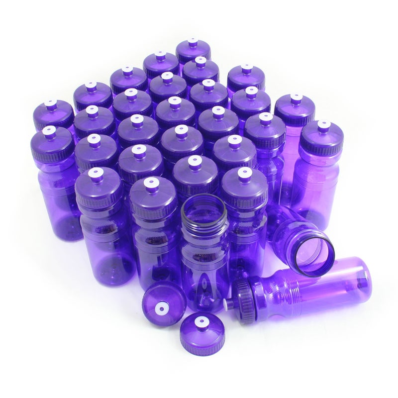 Rolling Sands Reusable Bulk Water Bottles 30 Pack - 24 Oz Sports Water Bottles, USA Made, BPA-Free, Wide Mouth for Easy Cleaning, Break Resistant - Translucent Purple Bottle/Purple Lid - Image 1